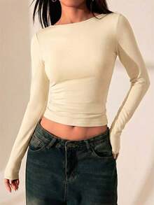 Camiseta de mujer con espalda al descubierto y costuras de encaje.Vestimenta sexy adecuada para citas en verano. - Albaricoque - Ver 5