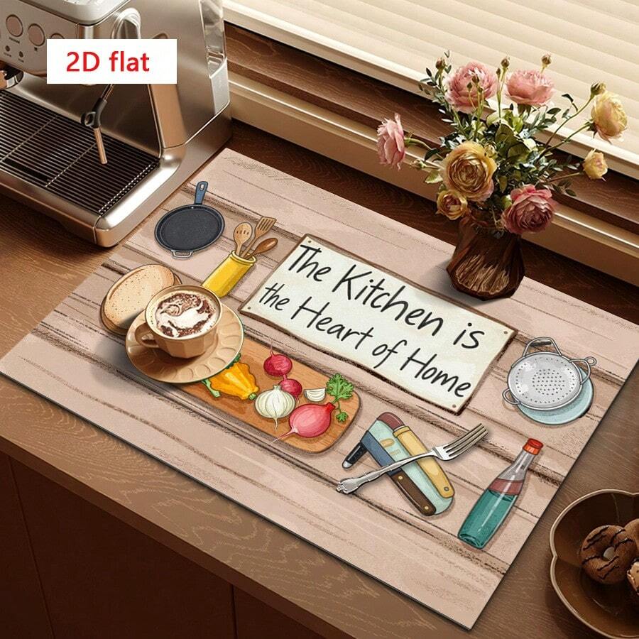 1pc Kitchen Drying Mat, Coffee Machine Pad, Absorbent Dish Drying Mat With Cutting Board & Vegetable Illustrations, Suitable For Dining Table And Cafe, Practical And Decorative Multipurpose Drainage Mat, Household Gift