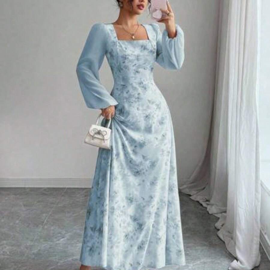 Women's Printed Square Neck Long Sleeve Elegant Summer Dress - Azul - Ver 1