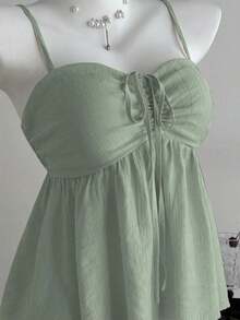 Camiseta de tirantes con volantes de unicolor lindo para damas, ropa de verano para la universidad - Verde - Ver 7