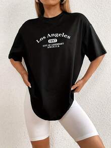 Camiseta negra holgada de moda rápida europea y americana con estampado de letras, cuello redondo simple y manga corta para mujer.Camiseta Y2k - Blanco - Ver 5
