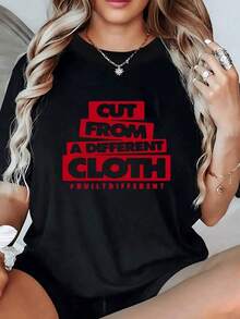 Summer T-Shirts. Bold Red Text With A Graphic Indicating It's Made From A Different Fabric, Symbolizing Individuality And Confidence, Printed On A Relaxed-Fit, 100% Cotton Women's T-Shirt. Summer Wear. - 黑色 - 查看 1
