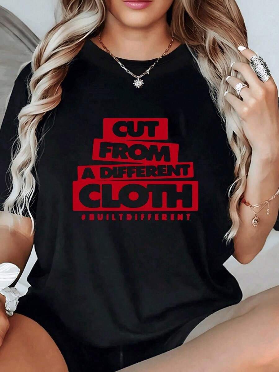 Summer T-Shirts. Bold Red Text With A Graphic Indicating It's Made From A Different Fabric, Symbolizing Individuality And Confidence, Printed On A Relaxed-Fit, 100% Cotton Women's T-Shirt. Summer Wear. - 黑色 - 查看 1