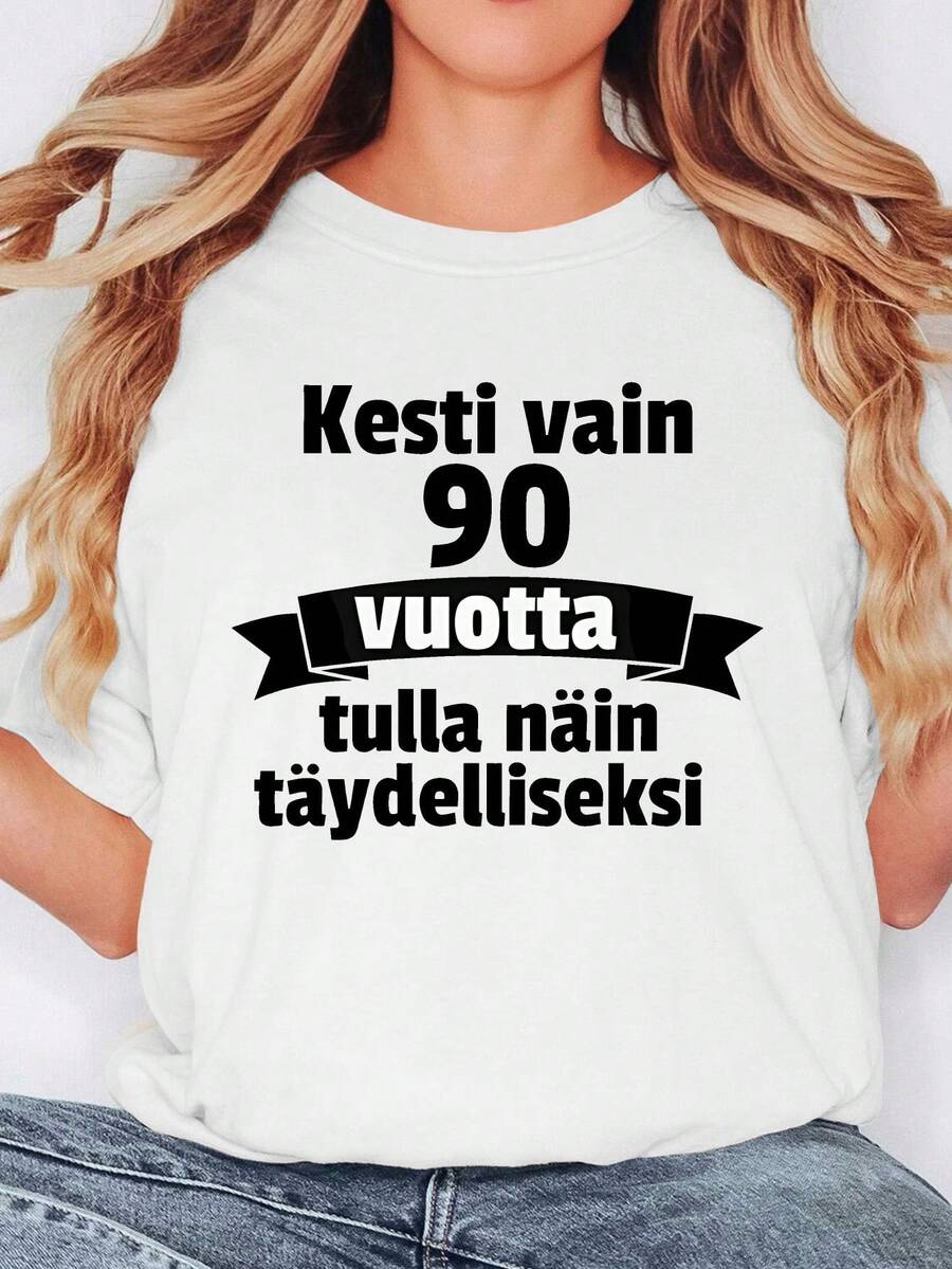 It Took 90 Years To Be This Perfect Finnish Birthday Print Short-Sleeved T-Shirt European Style Summer Simple Crew Neck Top 90th Birthday Commemorative Outfit Everyday Street Versatile Item Festival Vibe Women's Clothing - 白色 - 查看 1