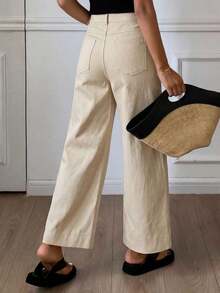 Pantalones holgados con vuelo y bolsillos para mujer, pantalones casuales de unicolor estilo callejero para otoño - Beis - Ver 2