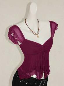 Top sin mangas con volantes, escote con pliegues, ajuste ceñido, parches de malla sexy, espalda con lazo, top casual de vacaciones - Morado - Ver 6
