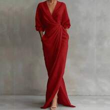 2026 New Solid V Neck Long Sleeve Dress Women Split Hem Waist Slim With Pockets Midi Dress - trắng - Xem 5