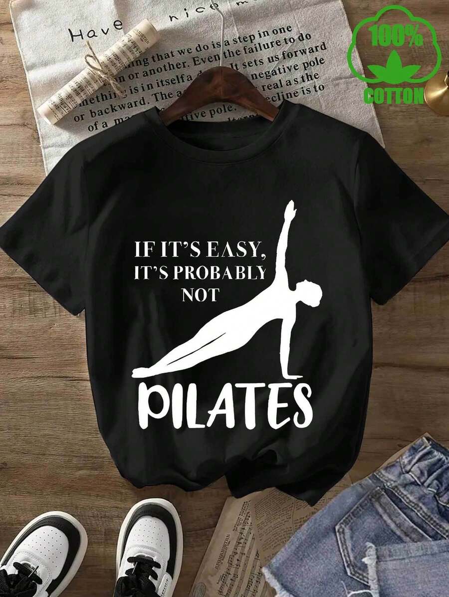 Camiseta pura con estampado gráfico de soporte de un brazo para pilates, de cuello redondo y manga corta de punto grueso puro, prenda superior versátil para toda temporada - Negro - Ver 1
