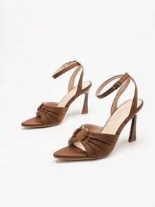 Giày sandal khóa kim loại thời trang mùa hè, màu nâu cà phê, một quai, chất liệu satin siêu mềm, thanh lịch cho đám cưới, tiệc tùng và trang phục thường ngày, mũi nhọn cao gót. - Cà phê nâu - Xem 8