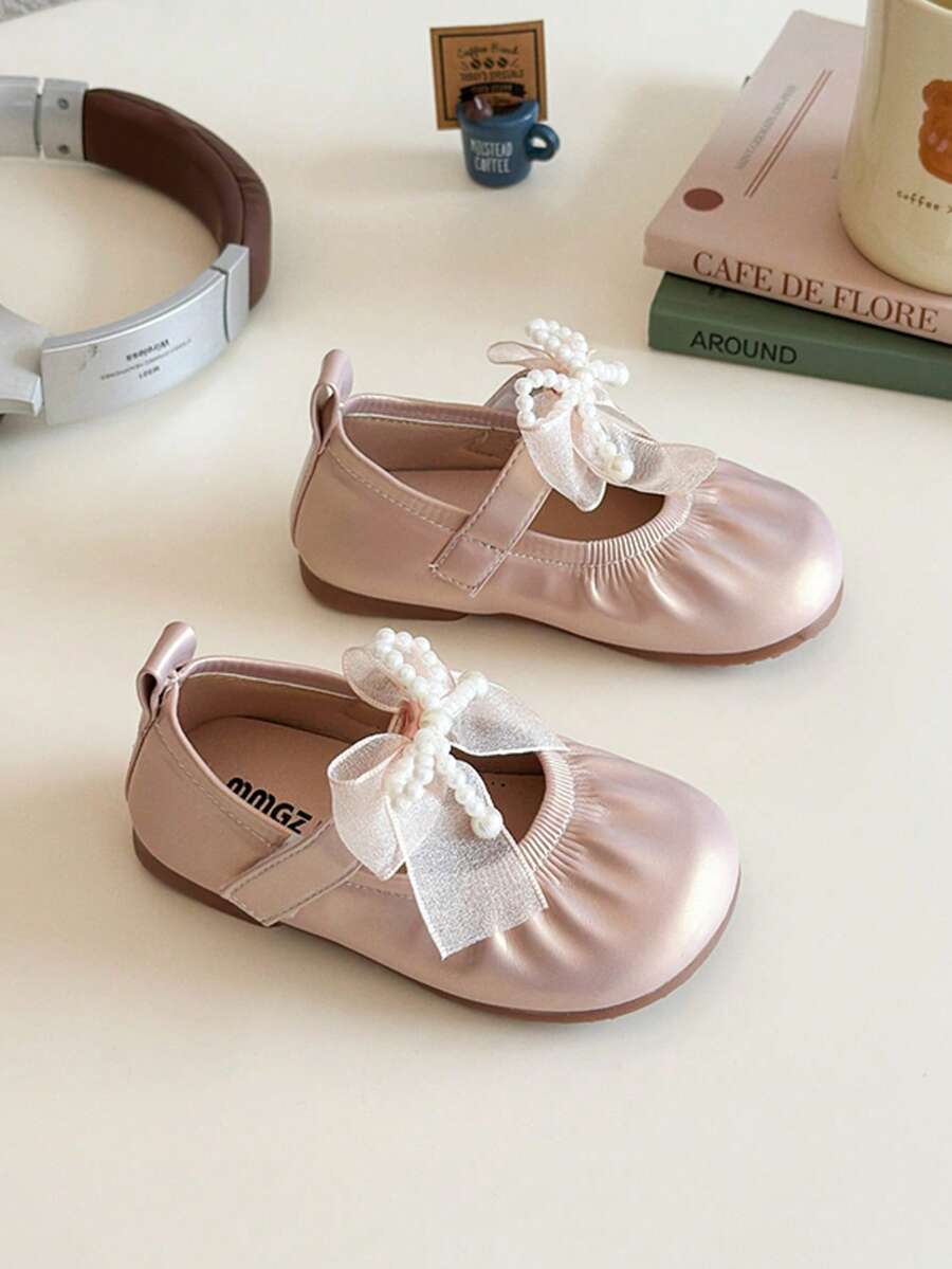 Girls' Pearl Bow Decor Soft Sole Mary Jane Shoes Non-Slip Beginner Shoes - Pink - View 1