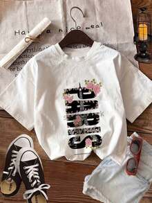 Nueva Colección 2026: Camiseta de Algodón para Mujer, Estilo Casual, Blanca con Estampado Floral de París, Hombros Caídos, Cuello Redondo, Manga Corta, Perfecta para de Verano, Algodón Ligero - Blanco - Ver 3