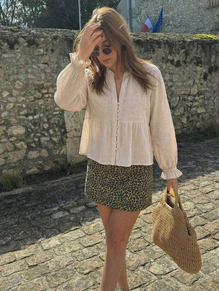 HH Blusa elegante y distintiva de estilo francés, con bordado floral y diseño calado, camisa casual de manga larga para mujer para primavera y verano - Caqui - Ver 1