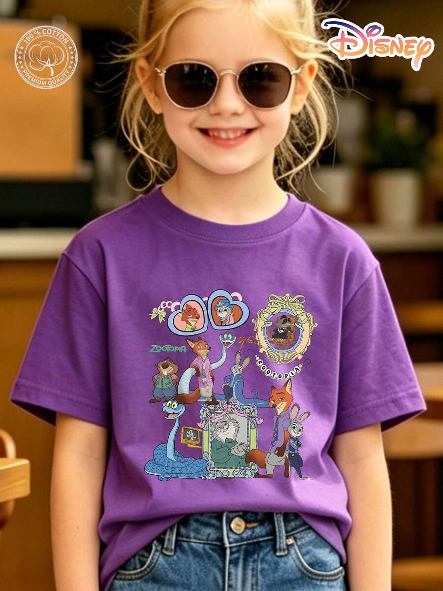 Disney Zootopia Kids T-Shirt, 100% Cotton Judy & Nick Cute Group Characters Graphic Tee, Unisex For Boys & Girls Ages 4-12, Soft Breathable No Fade, Ideal For School Outdoor Sports Casual Wear, Perfect Birthday & Children's Day Gift - Màu tím - Xem 1