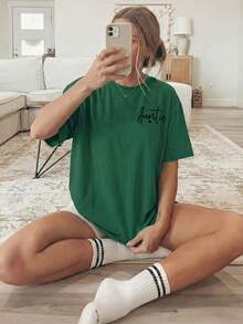 Women's T-Shirt With Double-Sided Front/Back Print - Short Sleeve, Round Neck, Casual Style, Suitable For Casual Wear, Machine Washable, With "Auntie" And Heart Print, Non-Blouse Style For Layering Or Wearing As A Top, 100% Cotton - 綠色 - 查看 4