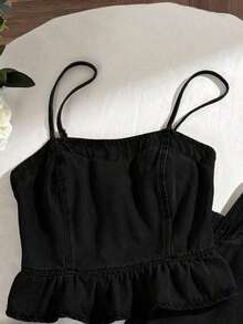 Conjunto de camisola de mezclilla casual y pantalones de pierna ancha para mujer - Negro - Ver 7
