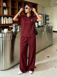 Conjunto de 2 piezas de chaqueta con cremallera y bloqueo de color deportivo, y pantalones anchos de ajuste holgado para mujer - Burdeos - Ver 5