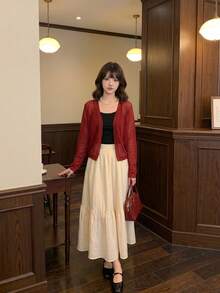 Áo khoác cardigan dệt kim tay dài màu đỏ mới của Y6Y, kiểu dáng thường ngày. - Đỏ - Xem 5
