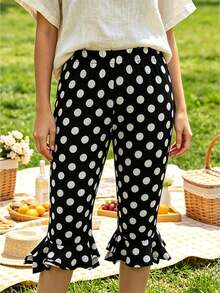 Womens Summer Knee Length Leggings Slim Fit Stylish Dot Print Ruffled Trim Mid Rise Capri Pants - Negro - Ver 1