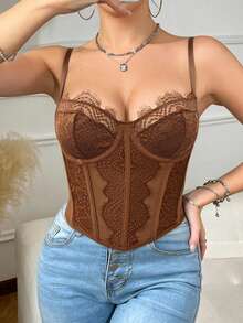 RAHQ Brown Eyelash Lace Corset Crop Top – Versatile Layering Piece For Street Style & Daily Wear - Brown - View 4