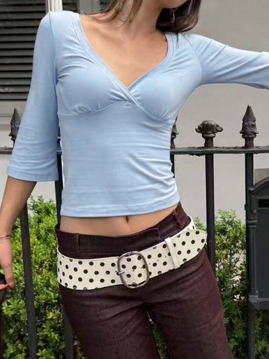 Women's Blue Knit Deep V-Neck 3/4 Sleeve Bodycon Top, Chic & Elegant