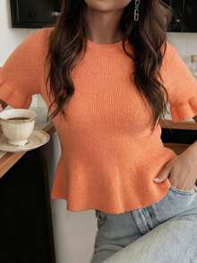 Blusa de punto con volantes en el bajo, de manga corta y color naranja, elegante y casual, adecuada para el uso diario y el transporte, ropa casual de verano para mujer - Naranja Coral - Ver 4