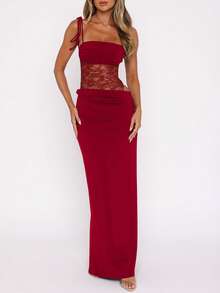 Women's Spring/Summer/Autumn Solid Red Spaghetti Strap Slim Fit Dress With Lace Patchwork, Waist-Flattering, Slimming, Vacation Style, Elegant Party Dress - Fiery Red - View 6