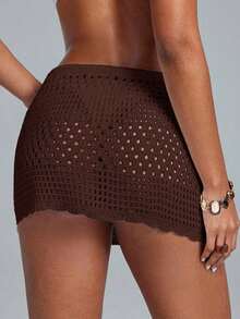 Swim Lushoire Falda pareo con dobladillo ondulado para la playa, con patrón geométrico perforado y floral - Café integral - Ver 2