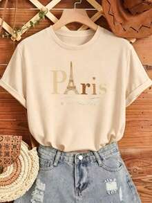 Free Shipping, Local Delivery In Mexico, Delivery In 4 Days. Women's Casual T-Shirt With A Romantic Paris Print, Black, Short Sleeves, Round Neck, Dropped Shoulders, Medium-Stretch Knit Fabric. - 杏 - 查看 2
