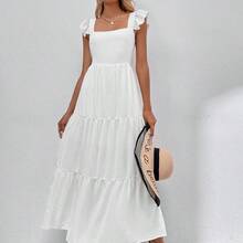 Solid Shirred Detail Ruffle Hem Dress Maxi Vacation Beach Outfits Women - Blanco - Ver 6