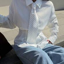 Chic Women's Pinstripe Tie Neck Blouse With Collared Neck And Long Sleeves Perfect For Work Or Dressy Everyday Style Long Sleeved Shirt Striped Shirt Vintage Shirt Collar Shirt White Top White Blouse Spring - Blanco - Ver 8