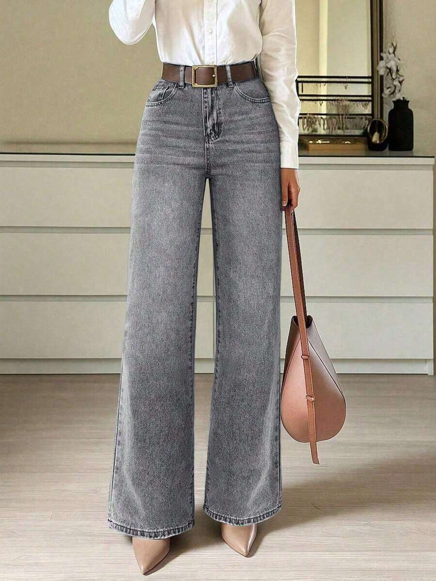 Jeans rectos y holgados para mujer con bolsillos.Sencillos, casuales, elegantes y versátiles, adecuados para todas las estaciones.Perfectos para viajar, la playa y las vacaciones de primavera - Gris Claro - Ver 1