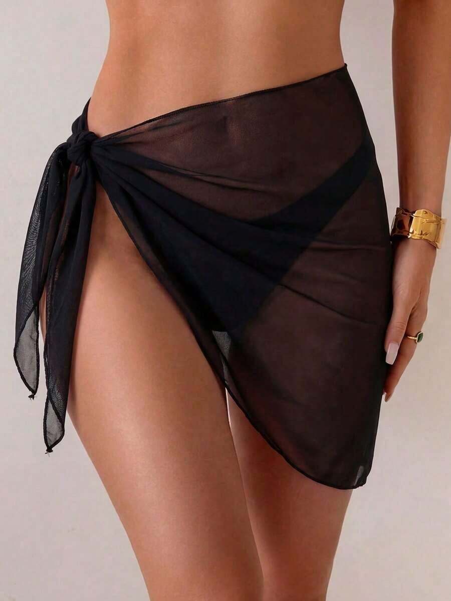 1 pieza Conjunto de pareo y falda de color café para vacaciones, moda de verano y playa - Negro - Ver 1