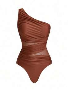 Swim Oasis 1 pieza Traje de baño de una pieza de unicolor con fruncido para mujer con pañuelo y falda a juego para vacaciones - Marrón - Ver 6