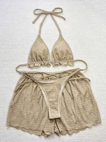 Conjunto de bikini de 3 piezas con parte superior de atar al cuello, estampado de lunares y shorts, con volantes, para mujer, para playa de verano - Caqui - Ver 4