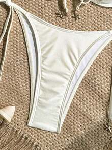 Conjunto de bikini para mujer con top de tirantes con aros y sujetador push-up con estampado digital y Bottom con lazos laterales, para primavera/verano - Beis - Ver 4