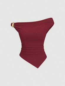 Sweetro Conjunto de 3 piezas de moda europea y americana para mujer en unicolor, con decoración metálica, dobladillo retorcido y dobladillo asimétrico, camiseta casual y versátil para uso diario - Multicolor 5 - Ver 4