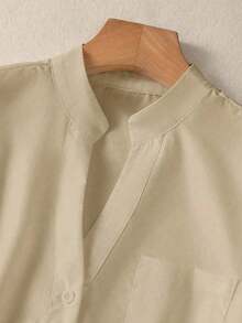 Camisa de mujer de unicolor con cuello en V y botones - Blusa casual y elegante de manga larga con detalle de bolsillo, adecuada para vacaciones, viajes y uso diario, artículo esencial para todas las estaciones, Primavera Blanco - Marrón - Ver 6