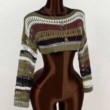Striped Pattern Drop Shoulder Crop Sweater,Long Sleeve Tops - Multicolor - Ver 5