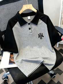 青少年男童短袖 Polo 衫，图案印花，灰黑撞色拼接插肩袖设计，双扣 Polo 领 - 灰色 - 查看 1