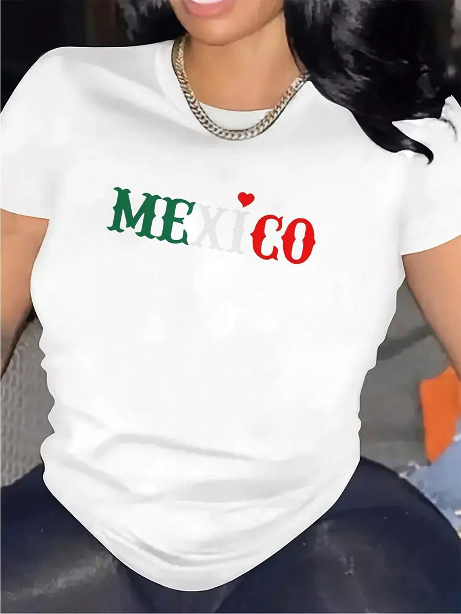 Women's Mexico Graphic T-Shirt - Bold MEXICO Print With Red Heart And Green Letters, Soft And Breathable Blend, Lightweight Short Sleeve Crew Neck T-Shirt, Unisex Casual T-Shirt For Men And Women, All-Season Comfort, Mexican Pride Design - 白色 - 查看 1