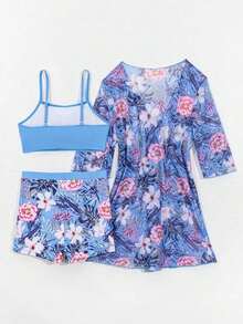 Conjunto de playa de 3 piezas para mujer: top de bikini corto negro, kimono de malla y shorts - Multicolor 6 - Ver 8