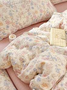 4件套粉蓝花卉图案床上用品，包含1个被套、1个床单和2个枕套，拉链设计，100%涤纶，纯色床单，四季皆宜，家居卧室装饰，被套和枕套不含填充物。 - 藕粉色 - 查看 4