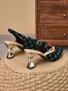 WHDXY 7cm Asymmetric Heel Chinese Style Green Floral Print Single Strap Pointed Toe Sandals, Elegant Mary Jane Shoes Suitable For Work And Party - Green - View 3