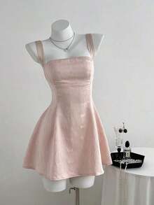 Vestido elegante de mujer con lazo de unicolor, jacquard y cordones en la espalda - Rosa - Ver 2