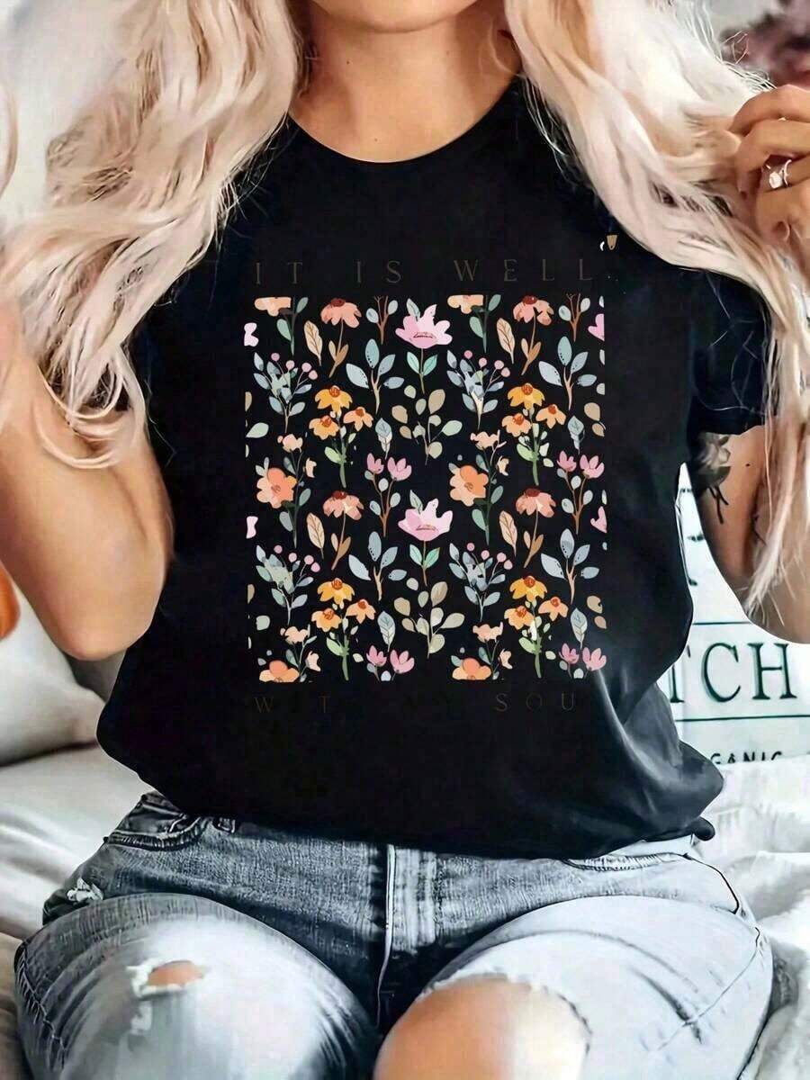 1 Piece Of Women's T-Shirt "IT IS WELL WITH MY SOUL", Thick Fabric Christmas T-Shirt For Women (1 Piece), 180g, 100% Soft Cotton. - 黑色 - 查看 1