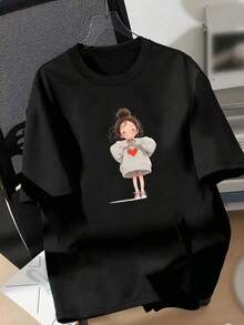 Plus Size Women's Casual Fitted T-Shirts Featuring A Girl In A Quilted Coat Holding The Moon. Breathable And Comfortable. - 黑色 - 查看 6