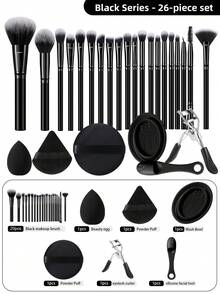 Bộ dụng cụ trang điểm đa năng 26 món màu đen - Bao gồm 20 cọ trang điểm tổng hợp mềm mại, bông mút trang điểm, bông phấn nhung, dụng cụ uốn mi và bát silicon để làm sạch, bộ dụng cụ trang điểm hoàn chỉnh cho sử dụng hàng ngày. - màu đen - Xem 1