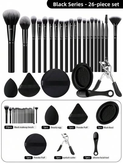 Bộ dụng cụ trang điểm đa năng 26 món màu đen - Bao gồm 20 cọ trang điểm tổng hợp mềm mại, bông mút trang điểm, bông phấn nhung, dụng cụ uốn mi và bát silicon để làm sạch, bộ dụng cụ trang điểm hoàn chỉnh cho sử dụng hàng ngày.