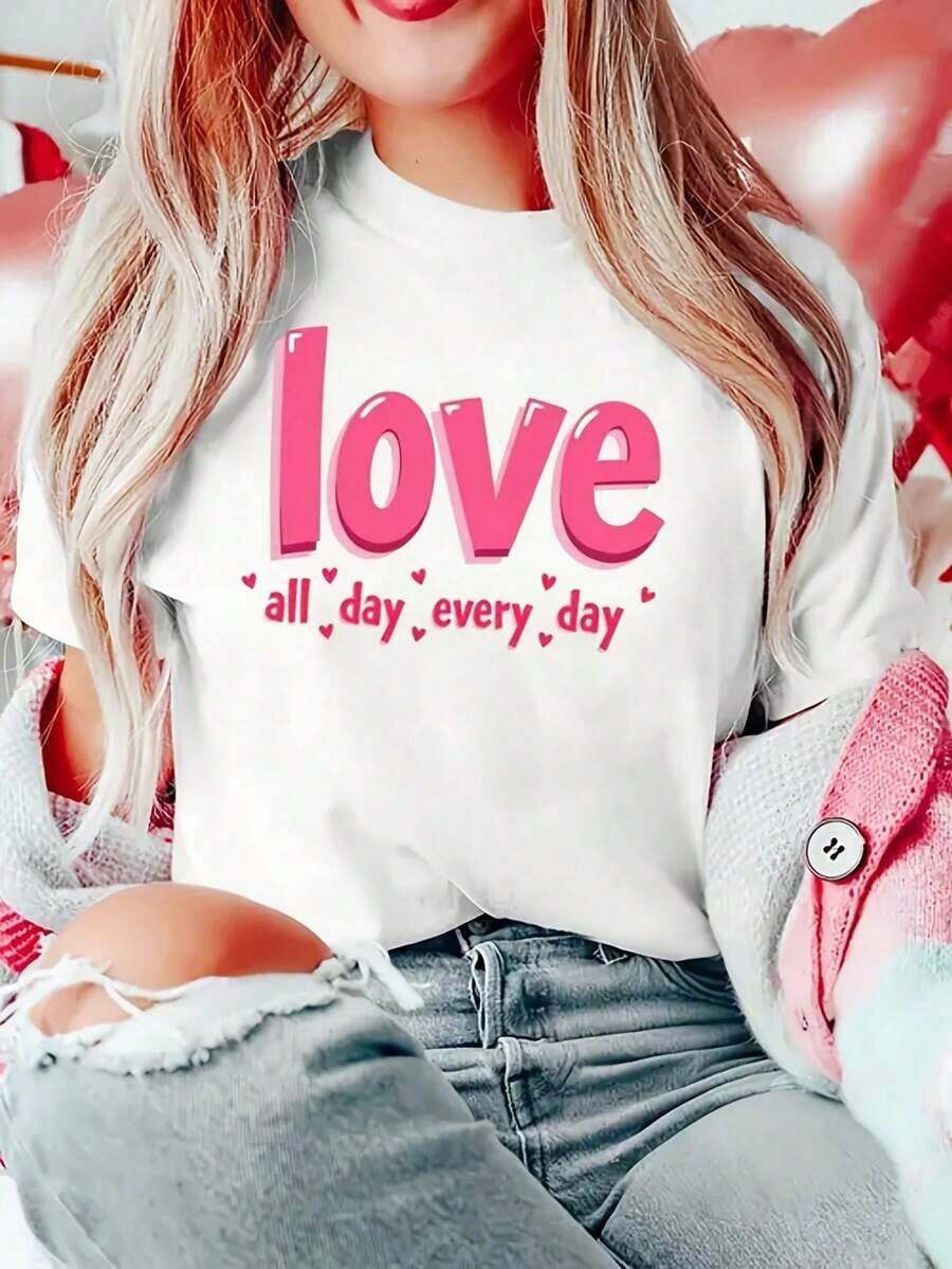 Camiseta de manga corta con cuello redondo para mujer, adecuada para primavera, otoño y verano, con estampados distintivos, preferida para viajes de ocio, Día de San Valentín, Navidad, ideal para vestimenta de vacaciones y regalos navideños. - Blanco - Ver 1