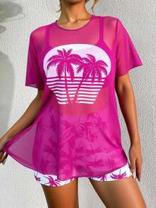 piezas Traje de baño tipo tankini de mujer para vacaciones de verano en la playa, con estampado tropical de palmeras y rayas, de manga corta - Multicolor 2 - Ver 3